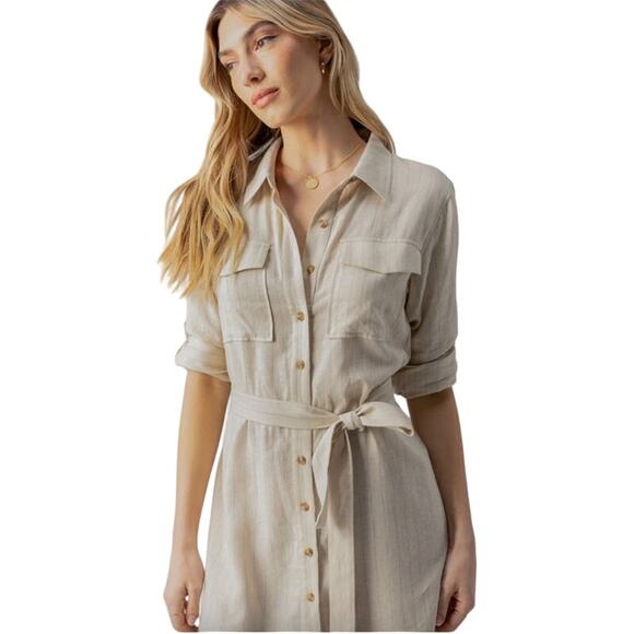 SANCTUARY Dress Size XXL NEW Pocket Shirt Dress Cream Pinstripe Size 2X - Picture 1 of 8